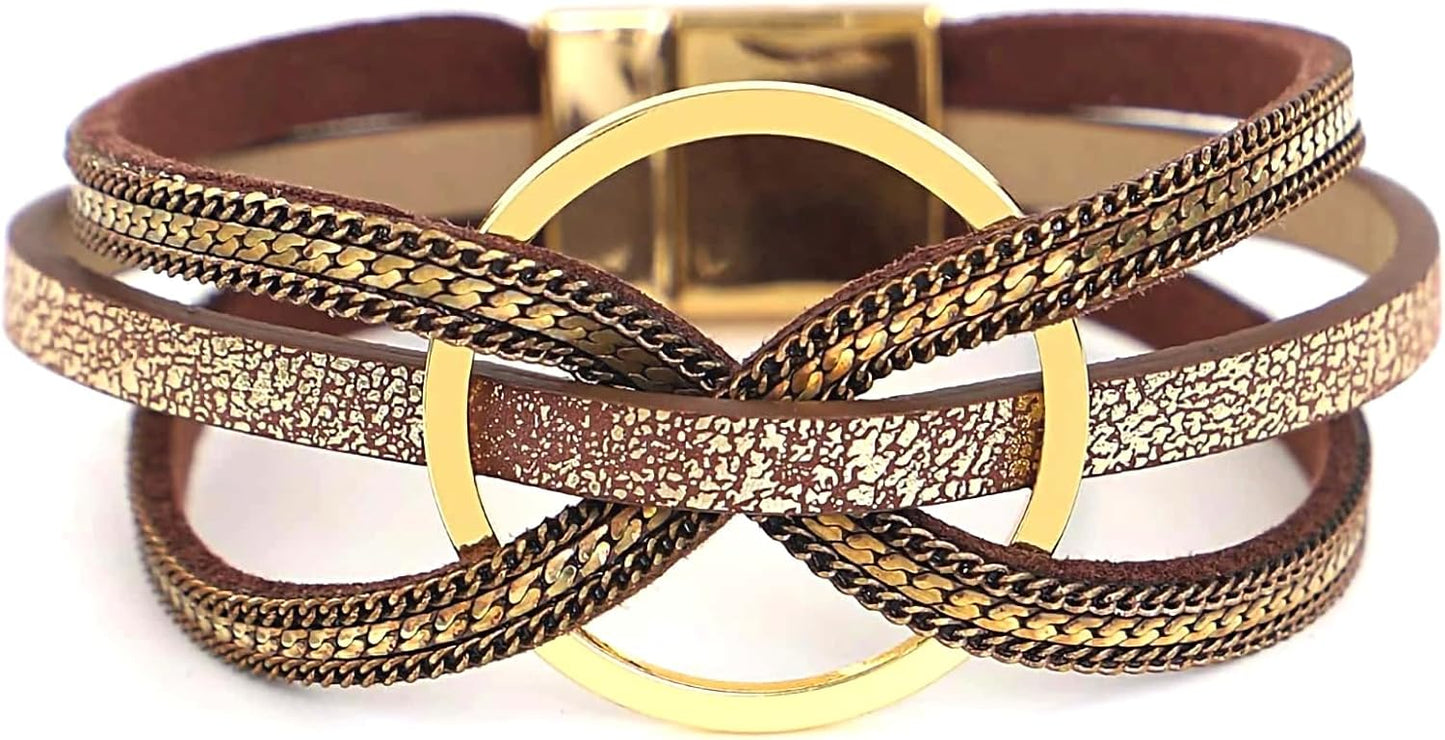 Boho Leather Wrap Multi-Layer Pearl Crystal Bracelet