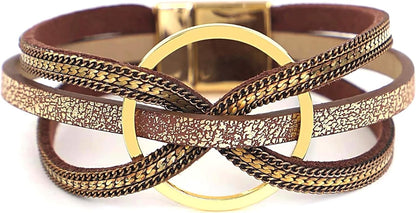 Boho Leather Wrap Multi-Layer Pearl Crystal Bracelet