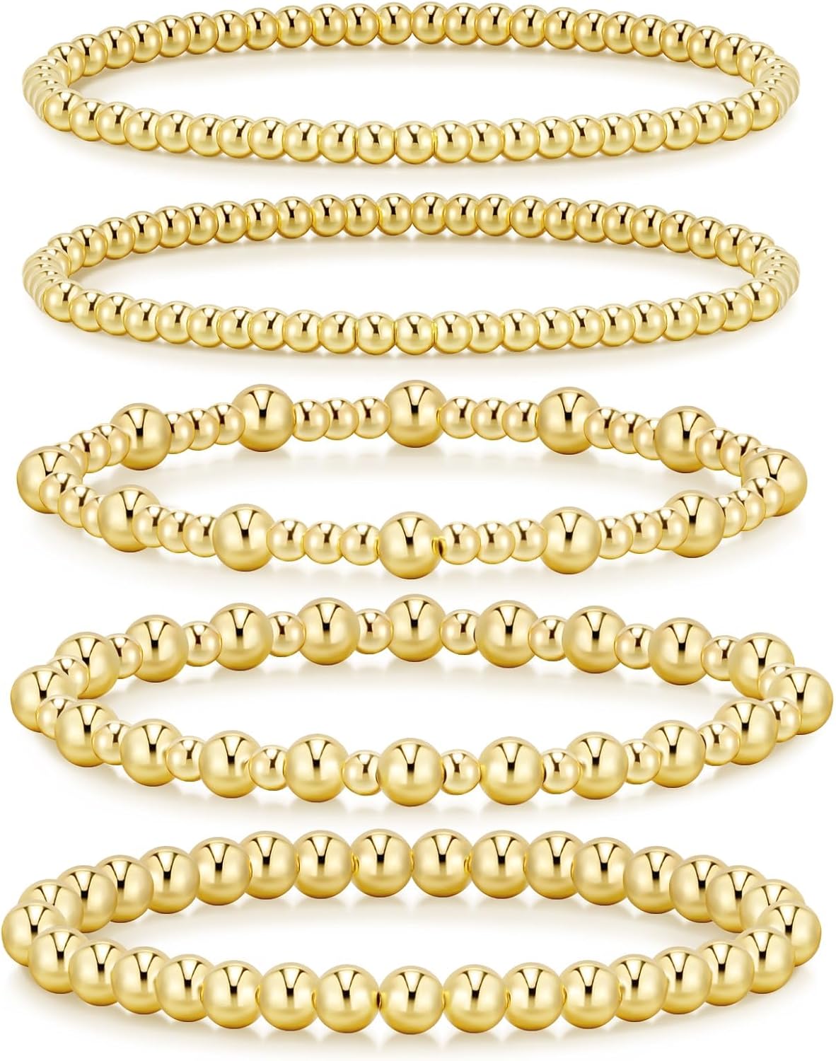14K Gold Plated Beaded Strand Bead Ball Bracelets Adjustable Jewelry Set