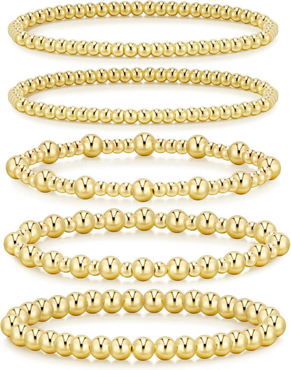 14K Gold Plated Beaded Strand Bead Ball Bracelets Adjustable Jewelry Set