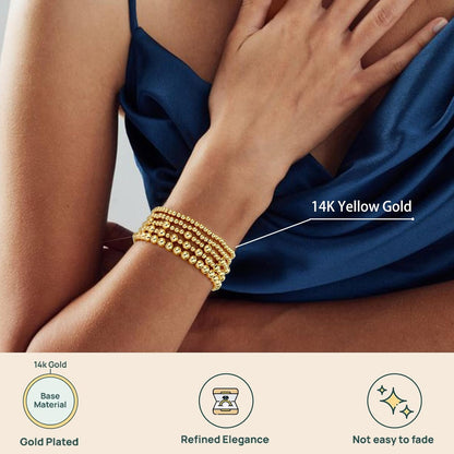 14K Gold Plated Beaded Strand Bead Ball Bracelets Adjustable Jewelry Set
