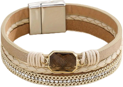 Boho Leather Wrap Multi-Layer Pearl Crystal Bracelet
