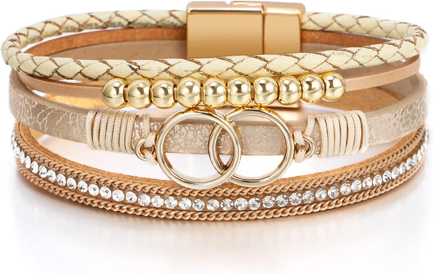 Boho Leather Wrap Multi-Layer Pearl Crystal Bracelet