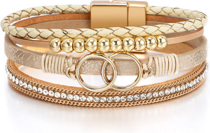 Boho Leather Wrap Multi-Layer Pearl Crystal Bracelet