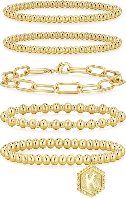 14K Gold Plated Beaded Strand Bead Ball Bracelets Adjustable Jewelry Set