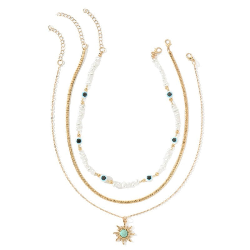 Imitation Pearl Eight-pointed Star Stacked Pendant Necklace