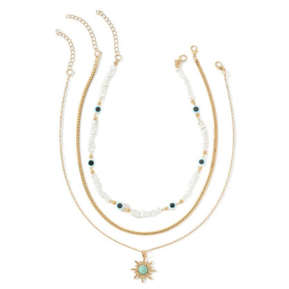 Imitation Pearl Eight-pointed Star Stacked Pendant Necklace