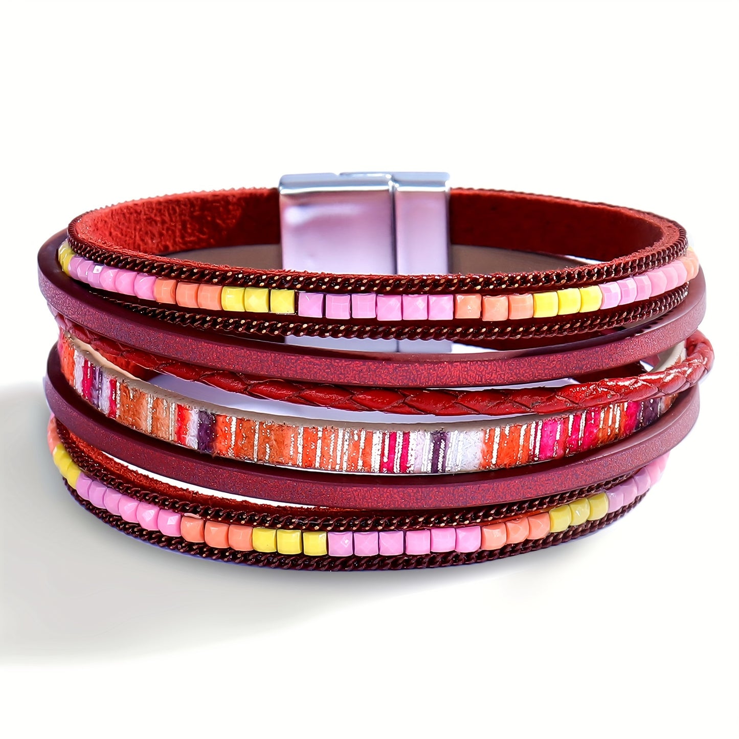 Magnetic Buckle-Multi Layers PU Leather Bracelet Boho Style Hand Jewelry Decoration