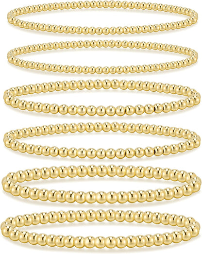 14K Gold Plated Beaded Strand Bead Ball Bracelets Adjustable Jewelry Set