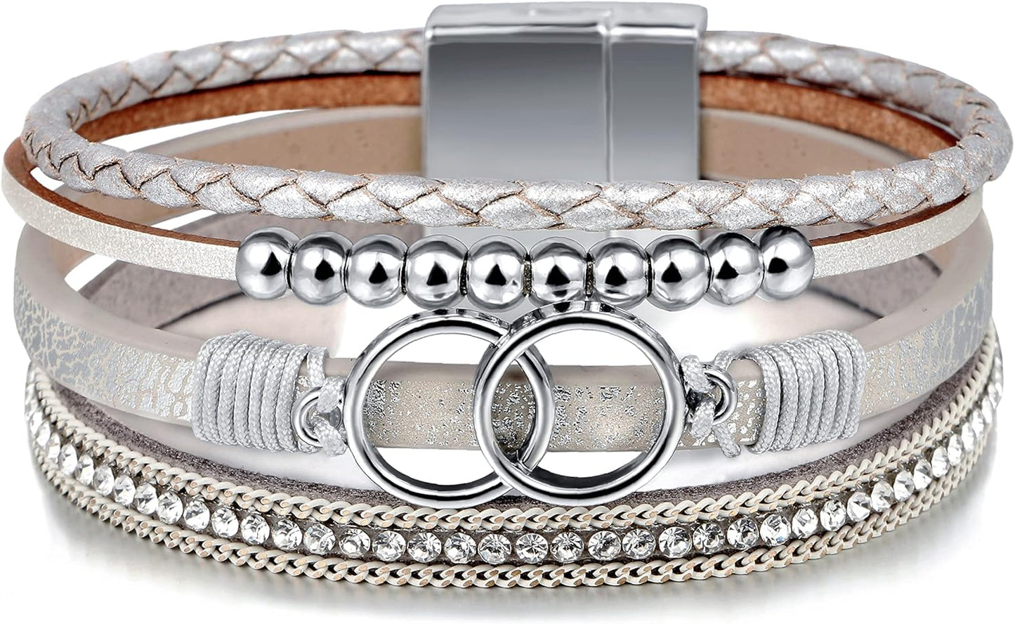 Boho Leather Wrap Multi-Layer Pearl Crystal Bracelet
