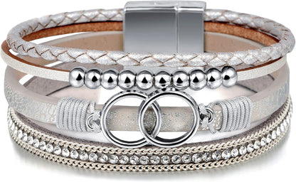 Boho Leather Wrap Multi-Layer Pearl Crystal Bracelet