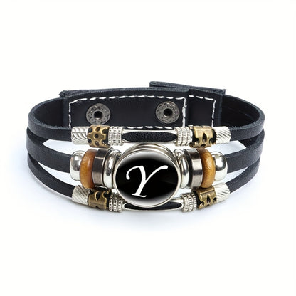 Artistic Letter A-Z Faux Leather Letters Glass Adjustable Bracelet