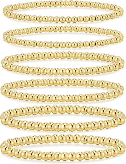 14K Gold Plated Beaded Strand Bead Ball Bracelets Adjustable Jewelry Set