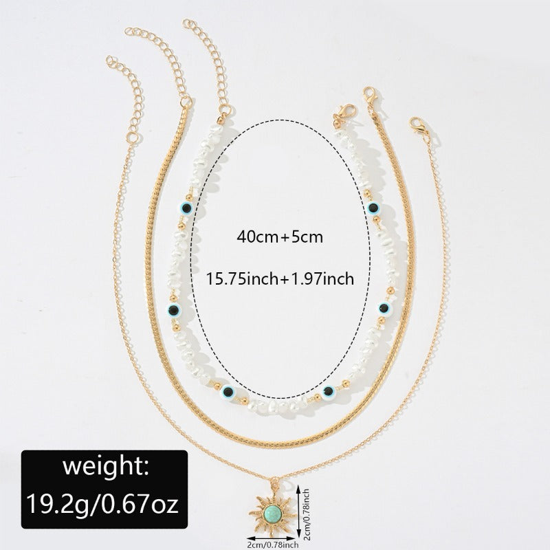 Imitation Pearl Eight-pointed Star Stacked Pendant Necklace