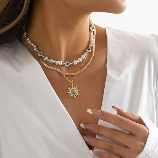 Imitation Pearl Eight-pointed Star Stacked Pendant Necklace