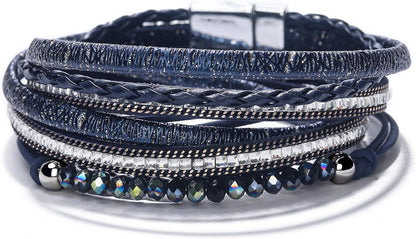 Boho Leather Wrap Multi-Layer Pearl Crystal Bracelet