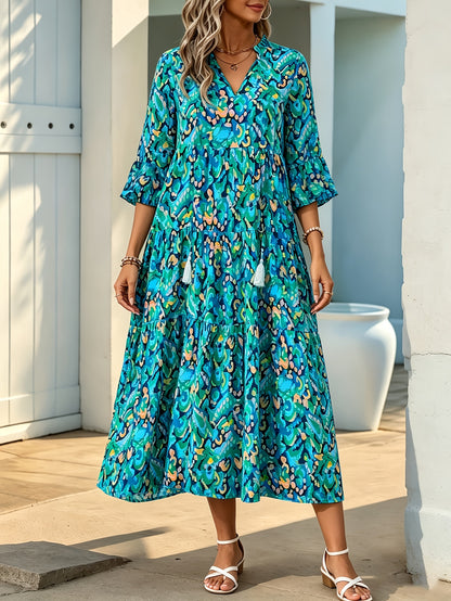 Three-Quarter Sleeve Fringe Tie-Up Print Dress