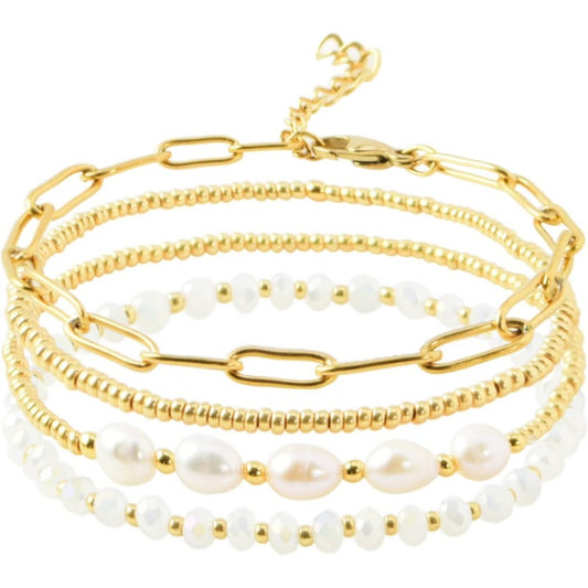 Dainty Gold Pearl Crystal Beaded Bracelets Set