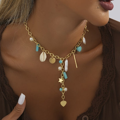 Natural Stone Shell Stitching Rice Bead Heart Pendant Necklace