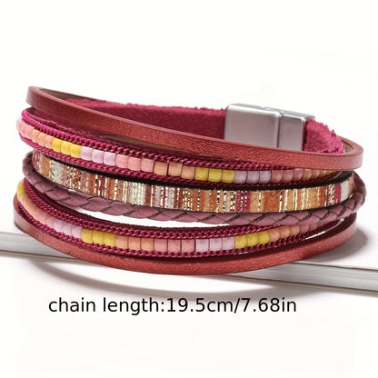 Magnetic Buckle-Multi Layers PU Leather Bracelet Boho Style Hand Jewelry Decoration