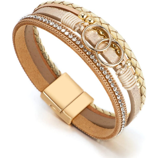 Boho Leather Wrap Multi-Layer Pearl Crystal Bracelet