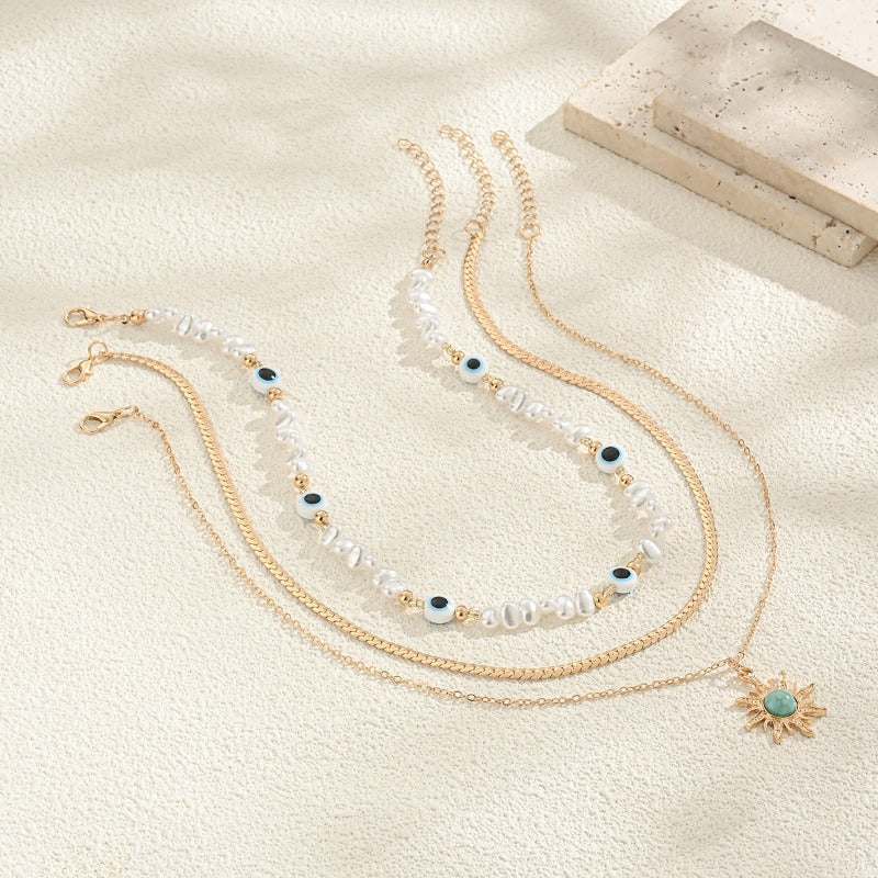 Imitation Pearl Eight-pointed Star Stacked Pendant Necklace