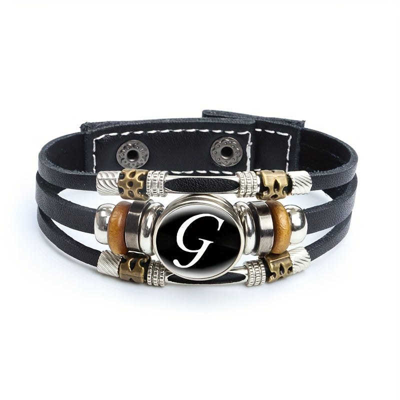 Artistic Letter A-Z Faux Leather Letters Glass Adjustable Bracelet