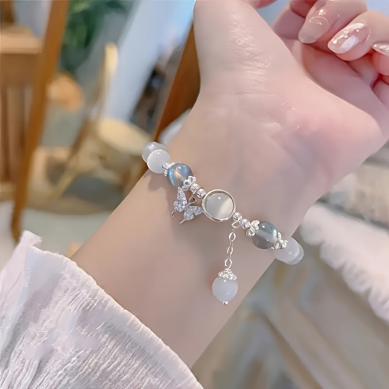 Moonstone Butterfly Charm Elegant Crystal Bead Bracelet