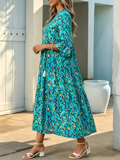 Three-Quarter Sleeve Fringe Tie-Up Print Dress