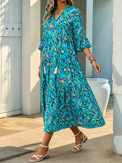 Three-Quarter Sleeve Fringe Tie-Up Print Dress