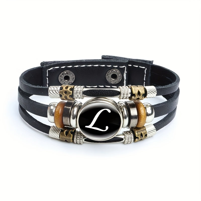 Artistic Letter A-Z Faux Leather Letters Glass Adjustable Bracelet