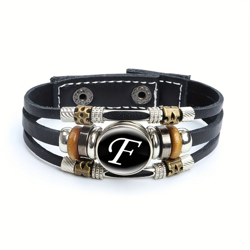 Artistic Letter A-Z Faux Leather Letters Glass Adjustable Bracelet