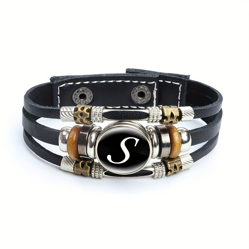 Artistic Letter A-Z Faux Leather Letters Glass Adjustable Bracelet